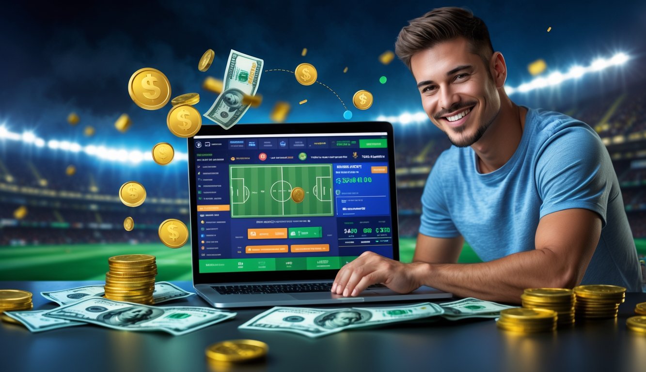 Seorang pria muda tersenyum menggunakan laptop dengan tampilan situs taruhan bola dan simbol cashback di sekitarnya.