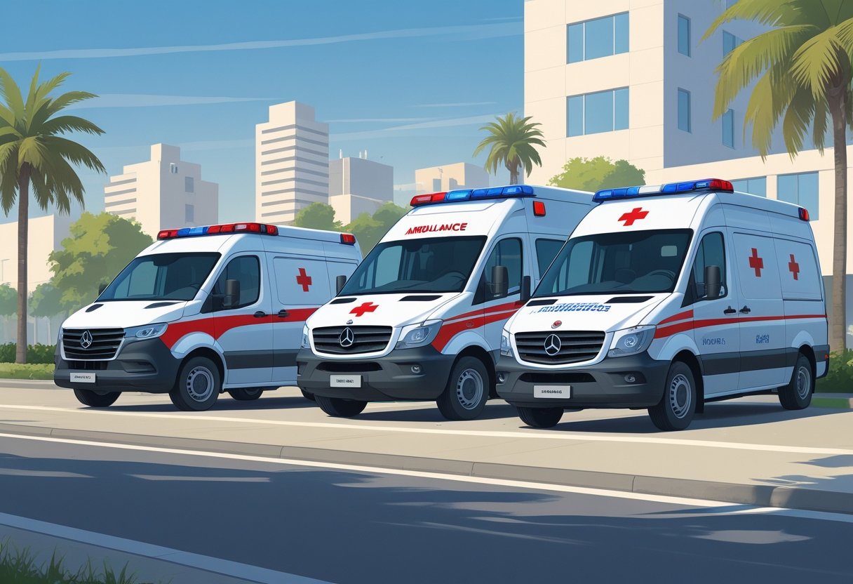 Três tipos principais de ambulâncias particulares estacionadas lado a lado em uma rua urbana de São Paulo, com prédios ao fundo.