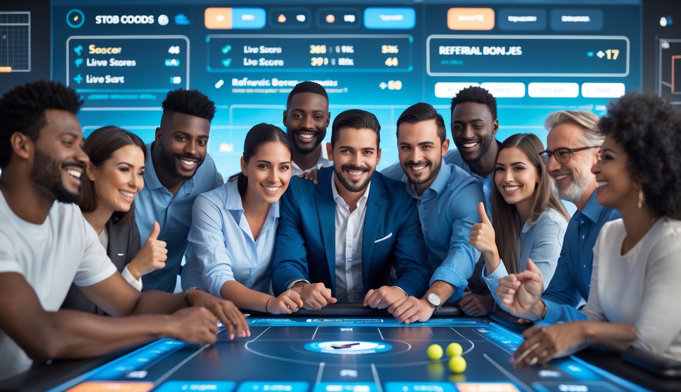 Sekelompok orang sedang melihat layar digital yang menampilkan berbagai olahraga populer dengan ekspresi antusias dan percaya diri.