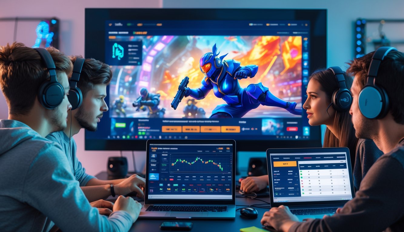 Sekelompok orang muda sedang menggunakan komputer dan ponsel untuk bertaruh pada pertandingan esports online di ruang kerja modern.