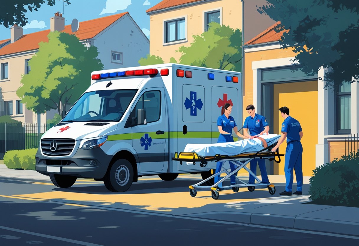 Ambulância particular estacionada em frente a uma casa, com paramédicos ajudando um paciente em uma maca a entrar no veículo.