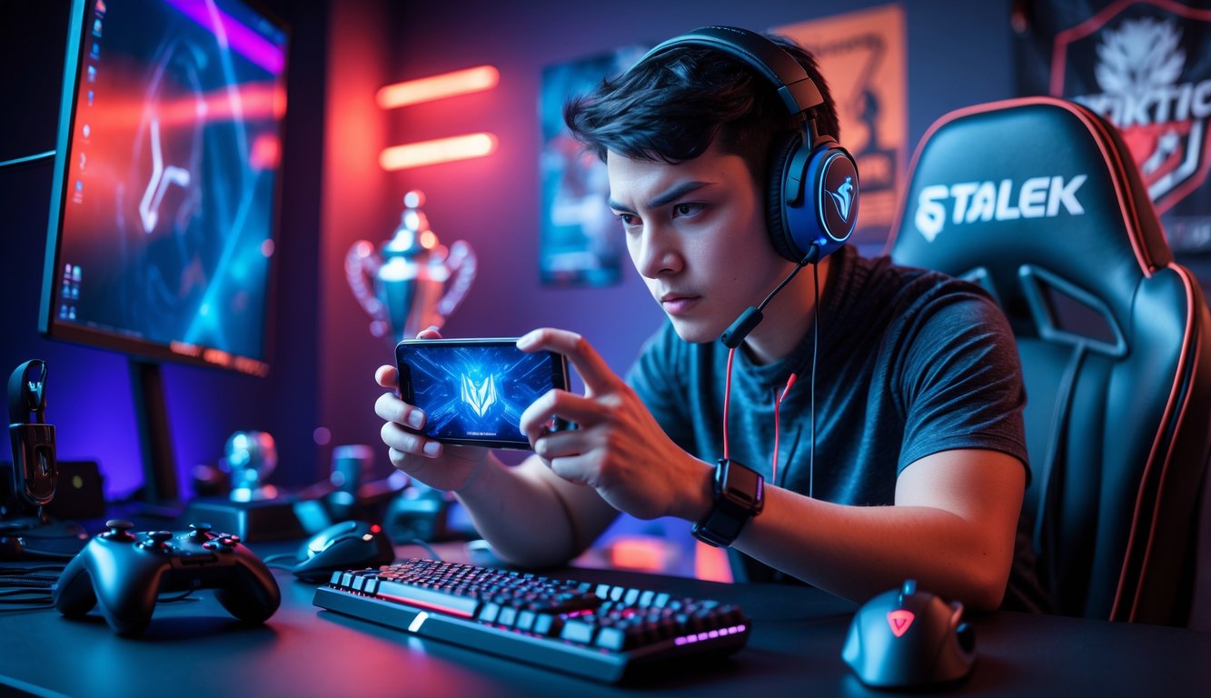 Seorang pemain muda sedang bermain game mobile dengan serius di meja gaming yang dilengkapi dengan headphone dan pencahayaan warna-warni.