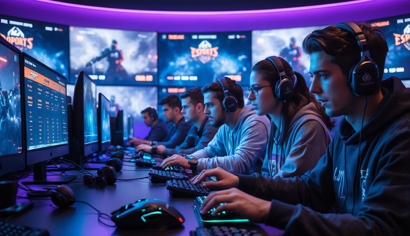 Sekelompok orang muda sedang menggunakan komputer dan perangkat gaming untuk bertaruh pada pertandingan esports di sebuah ruang gaming modern.