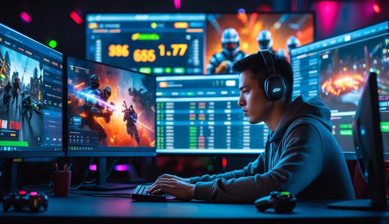 Seorang dewasa muda duduk di depan beberapa monitor komputer yang menampilkan permainan esports dan grafik peluang taruhan, dengan suasana kerja modern dan perlengkapan gaming di sekitarnya.