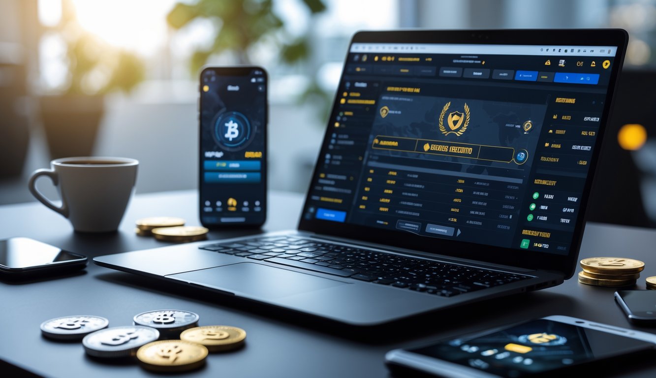 Seorang pengguna sedang menggunakan laptop dengan tampilan permainan CSGO dan informasi taruhan online di meja kerja modern.