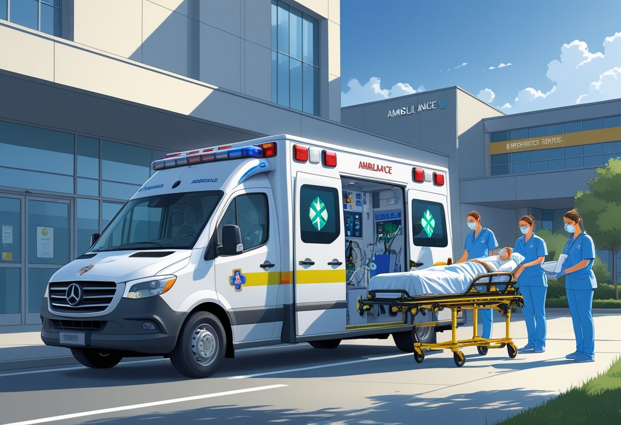 Ambulância UTI móvel estacionada na entrada de emergência de um hospital, com paramédicos transferindo um paciente em maca para dentro do hospital.