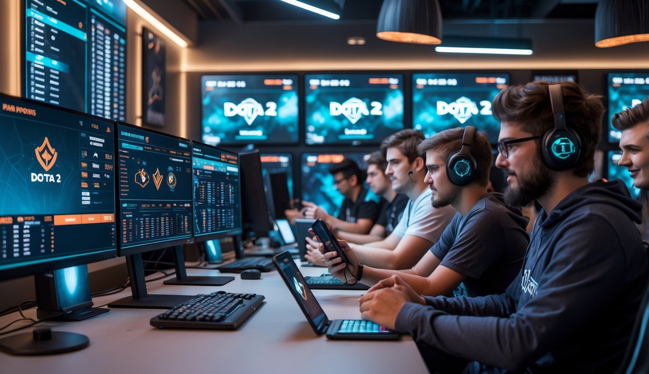 Sekelompok orang muda sedang menonton dan berdiskusi tentang permainan Dota 2 di sebuah ruang gaming modern dengan beberapa layar komputer yang menampilkan pertandingan dan statistik.