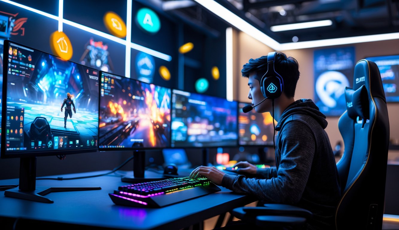 Seorang pemain esports fokus bermain di depan beberapa monitor dengan tampilan permainan yang cerah dan dekorasi bertema esports di ruangan.