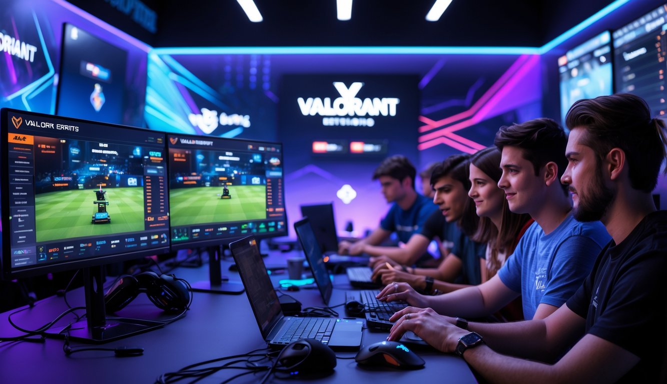 Beberapa orang muda sedang menggunakan komputer dan ponsel dalam ruangan gaming yang terang dengan layar menampilkan permainan Valorant dan grafik taruhan.