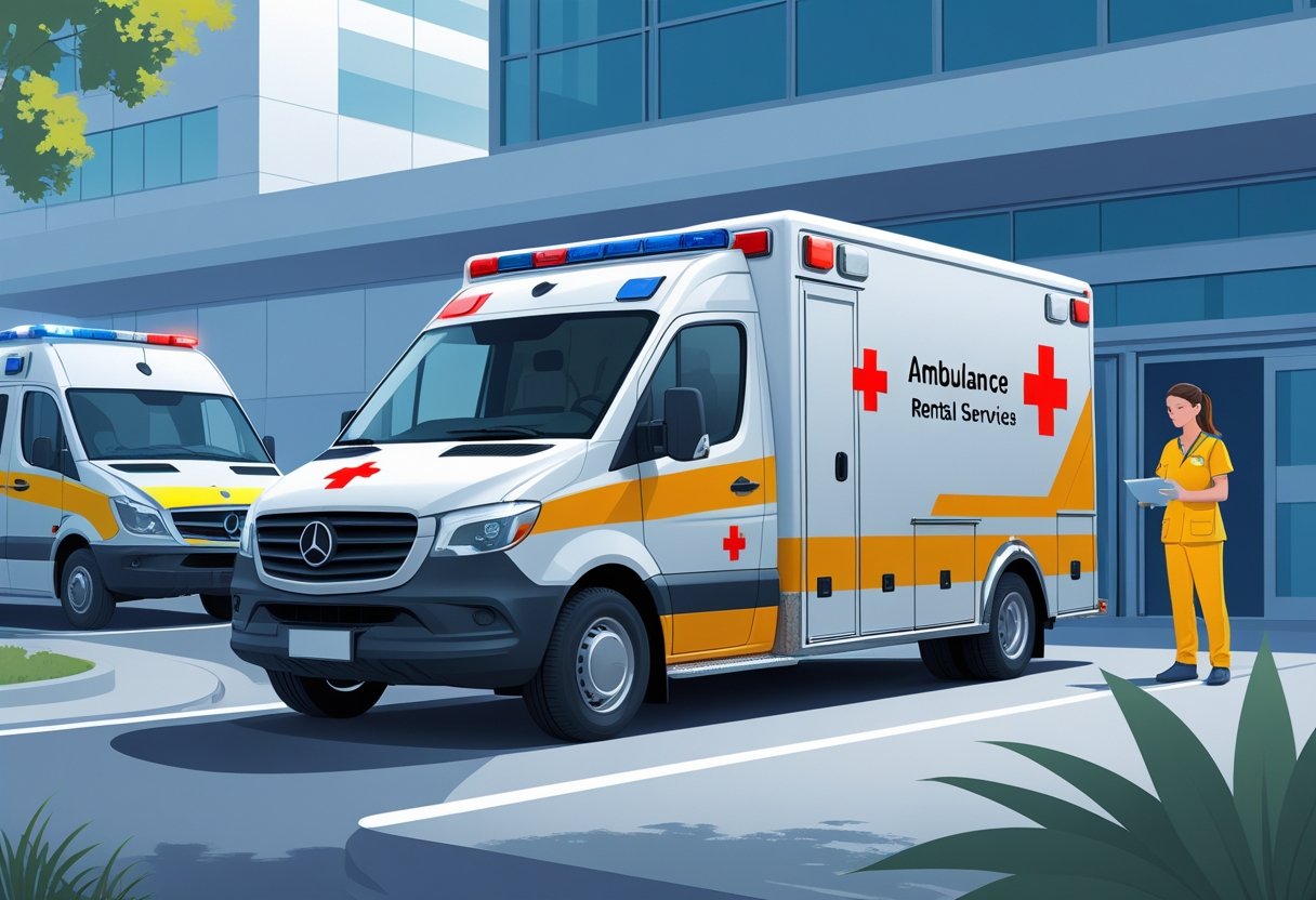 Uma ambulância moderna estacionada em frente a um hospital com um profissional de saúde ao lado, pronta para atendimento.