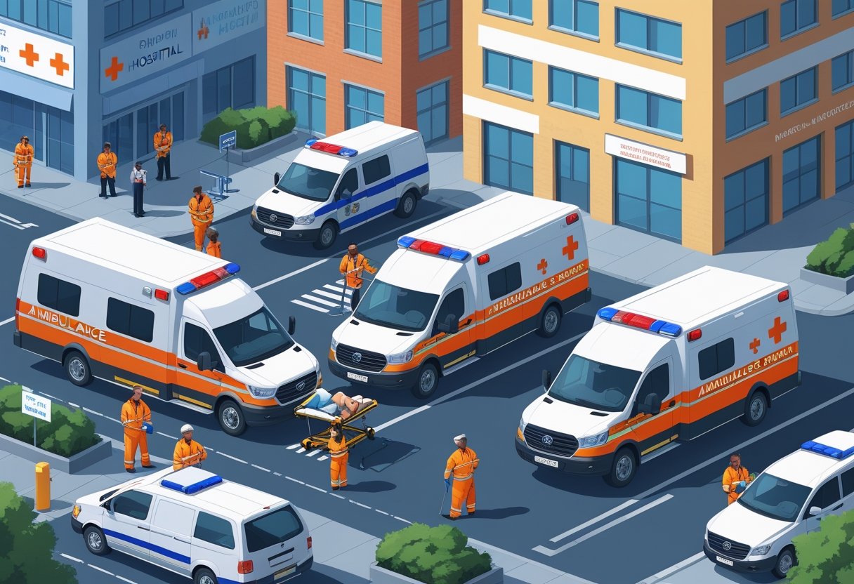 Várias ambulâncias em diferentes situações, como atendimento de emergência na rua, suporte médico em evento público e transporte de paciente entre hospitais.