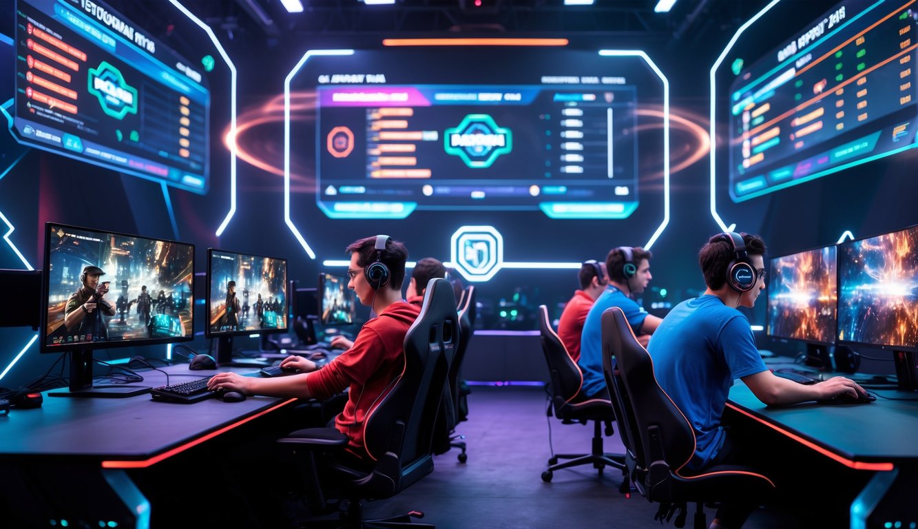 Sekelompok orang muda sedang bermain game kompetitif di turnamen esports dengan layar besar menampilkan informasi taruhan online.
