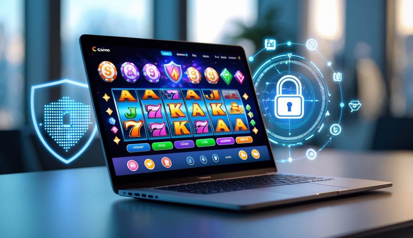 Seorang pria menggunakan laptop dengan tampilan permainan kasino online di layar dalam ruangan yang terang dan modern.