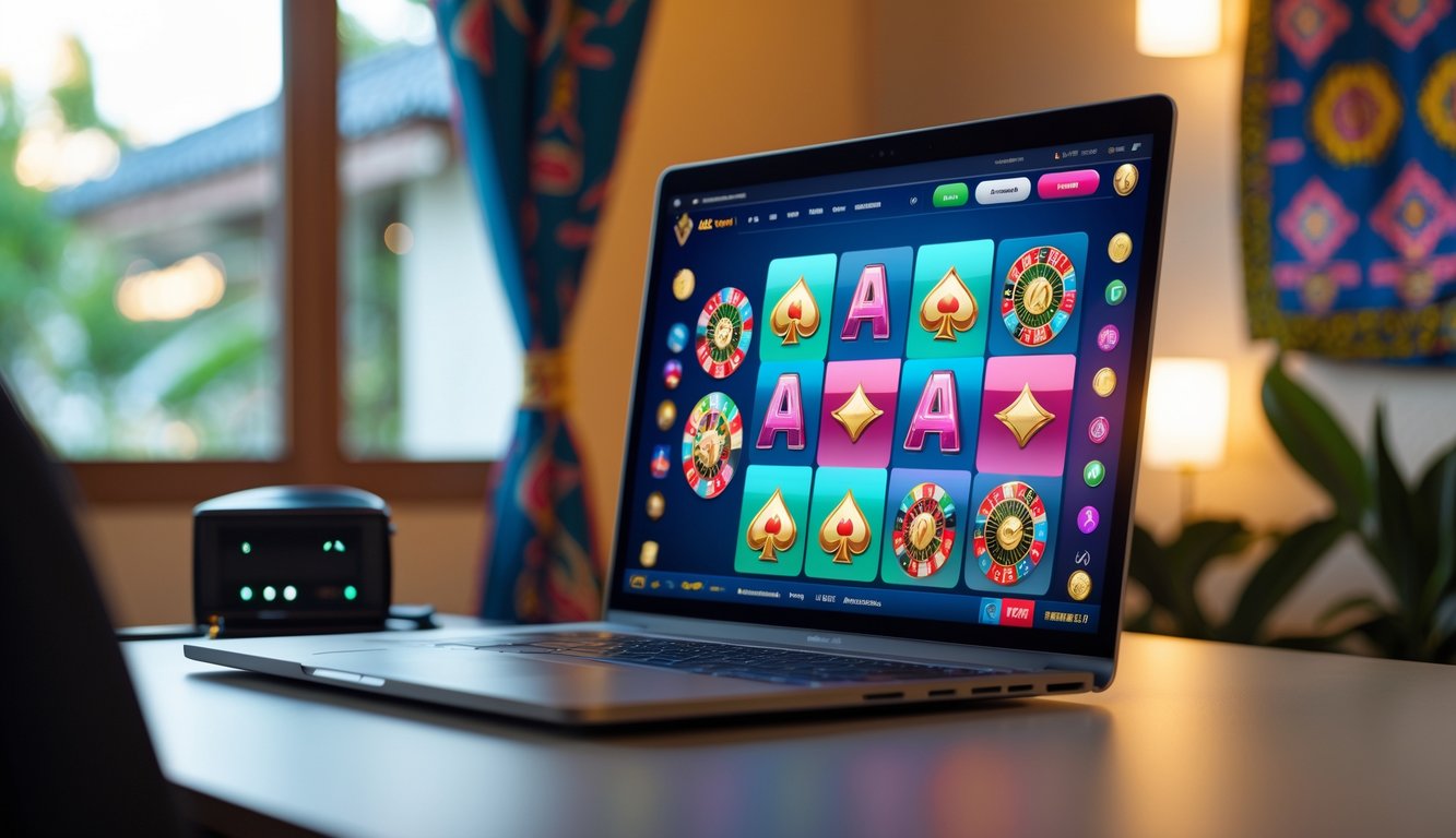 Seorang pengguna sedang bermain kasino online di komputer dengan latar belakang elemen budaya Indonesia.