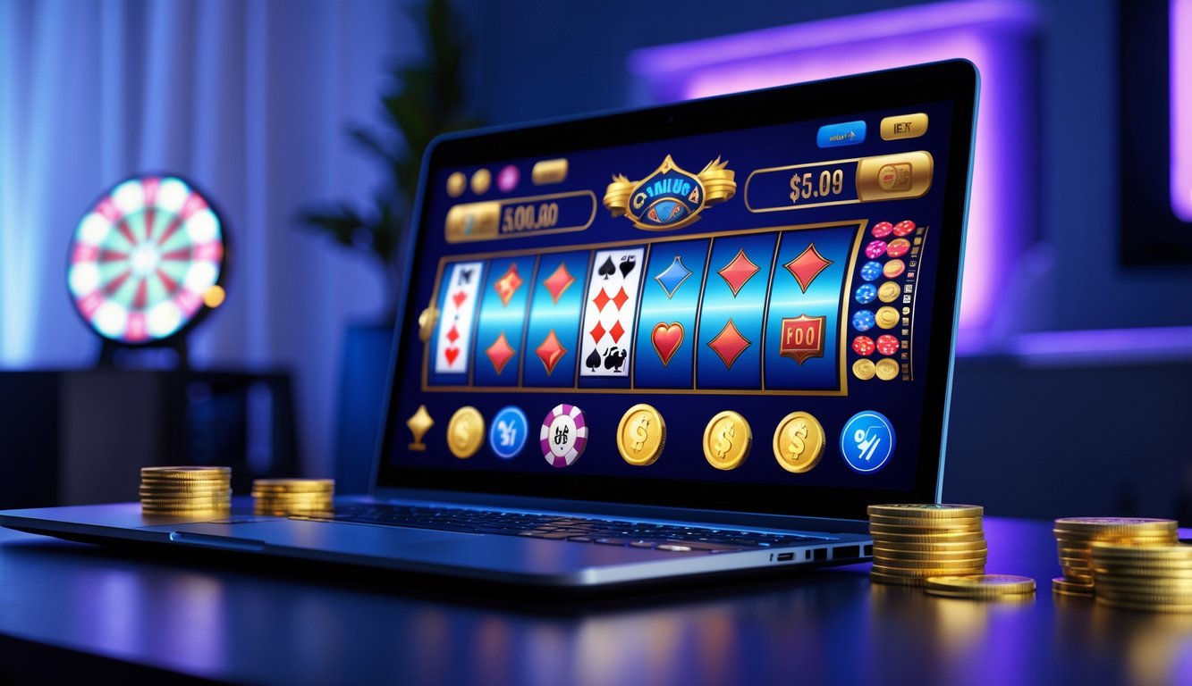 Sebuah komputer menampilkan permainan kasino online dengan chip dan koin di sekitarnya dalam ruangan yang gelap dan berwarna biru ungu.