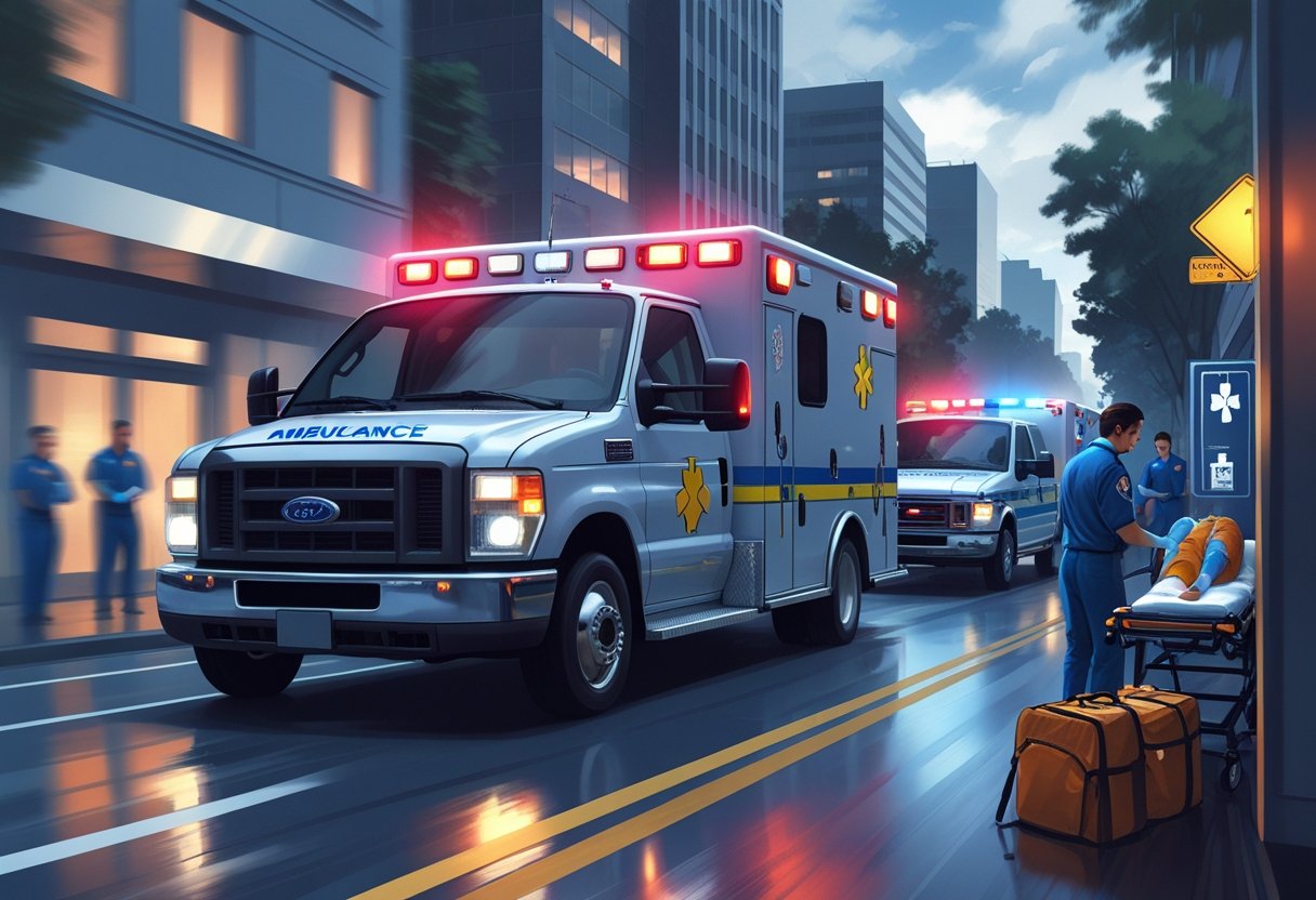 Uma ambulância com luzes de emergência ligadas, paramédicos atendendo um paciente em maca durante uma emergência médica.