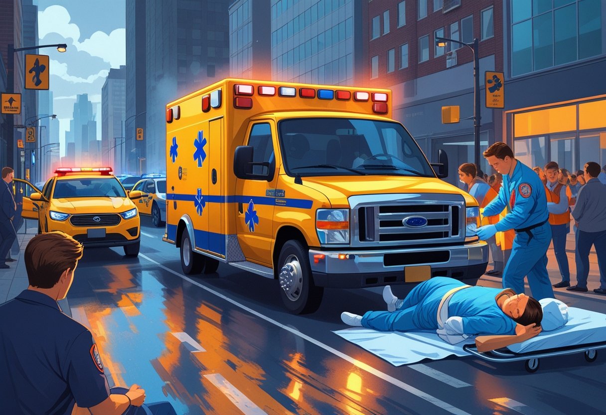 Ambulância com luzes piscando em uma rua movimentada, paramédicos atendendo uma pessoa em uma maca, e cenas de emergência médica ao redor.