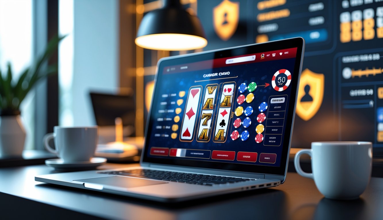 Seorang profesional menggunakan laptop dengan tampilan kasino online yang aman di meja kerja yang rapi.