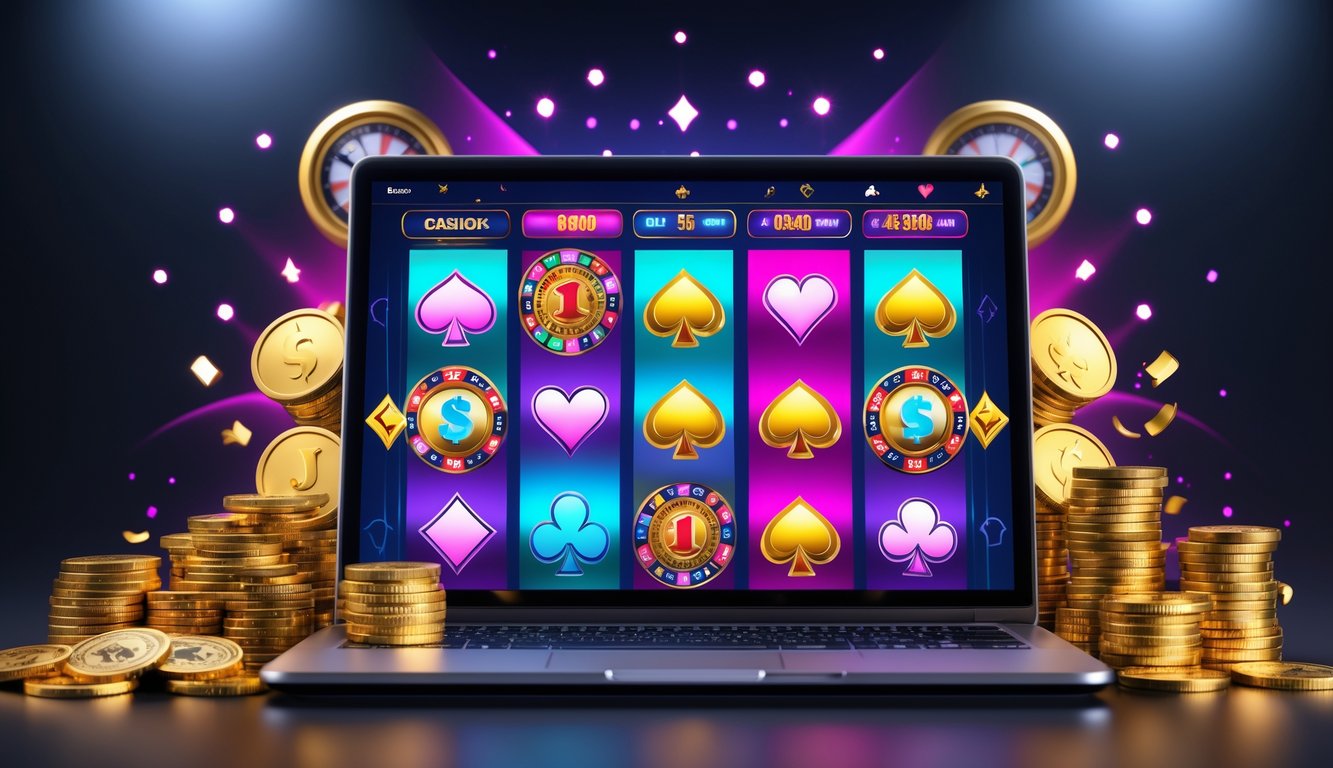 Suasana kasino online dengan layar komputer menampilkan permainan slot dan chip poker di meja yang mewah.