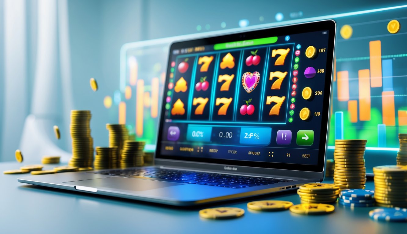 Sebuah laptop menampilkan permainan slot online dengan simbol berwarna cerah, dikelilingi oleh tumpukan chip poker dan kartu remi di atas meja.
