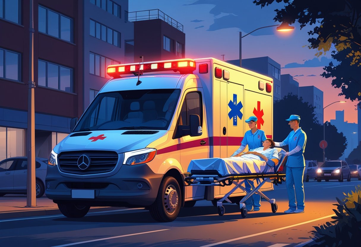 Uma ambulância particular com luzes de emergência ligadas estacionada em uma rua da cidade ao entardecer, com profissionais de saúde ajudando um paciente em uma maca.