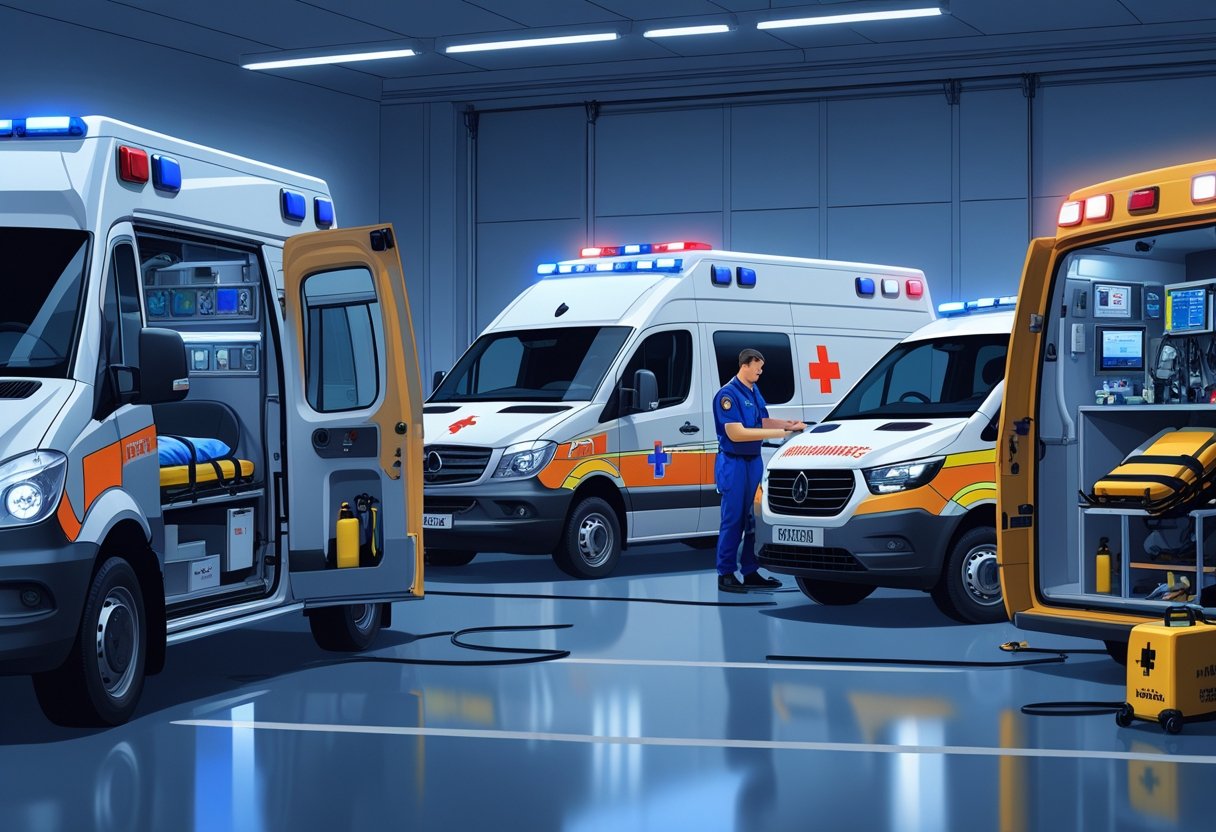 Várias ambulâncias de diferentes tipos com equipamentos médicos visíveis, estacionadas em uma base de ambulâncias com profissionais de saúde ao redor.