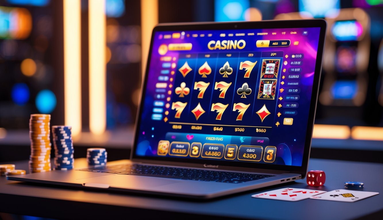 Pemandangan layar komputer yang menampilkan permainan kasino online populer dengan chip poker dan kartu di sekitarnya.