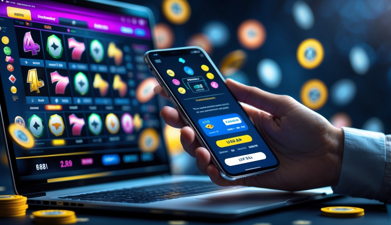 Seseorang menggunakan perangkat digital untuk melakukan pembayaran cepat di kasino online dengan latar belakang mesin slot dan chip poker.