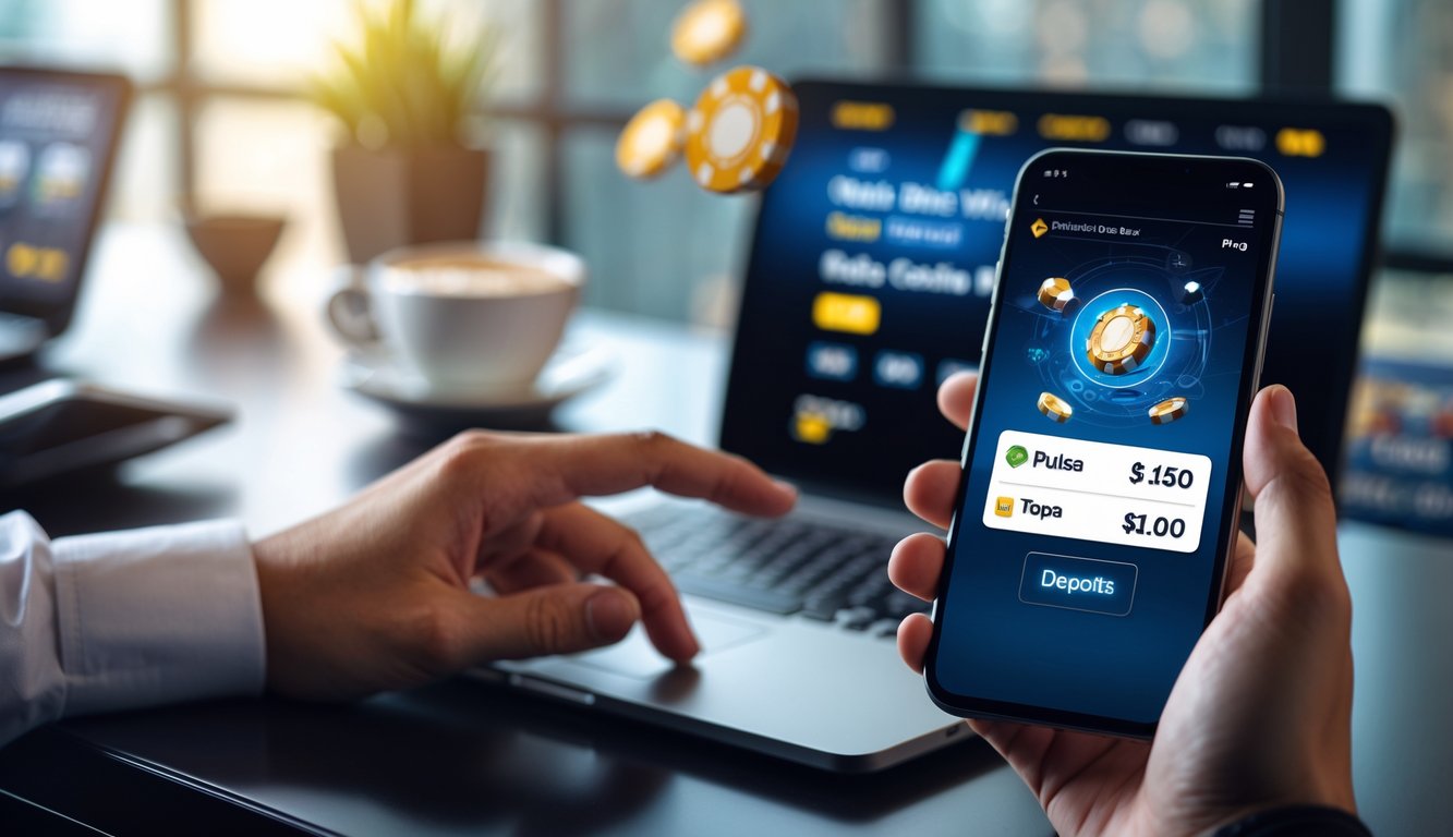 Seseorang memegang ponsel yang menampilkan aplikasi pembayaran dengan latar belakang meja kerja dan laptop yang menampilkan situs kasino online.