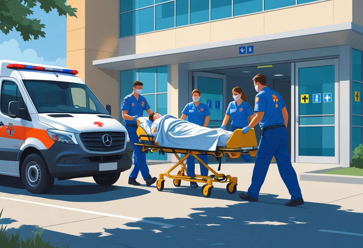 Paramédicos transferindo um paciente em uma maca de uma ambulância para a entrada de um hospital.