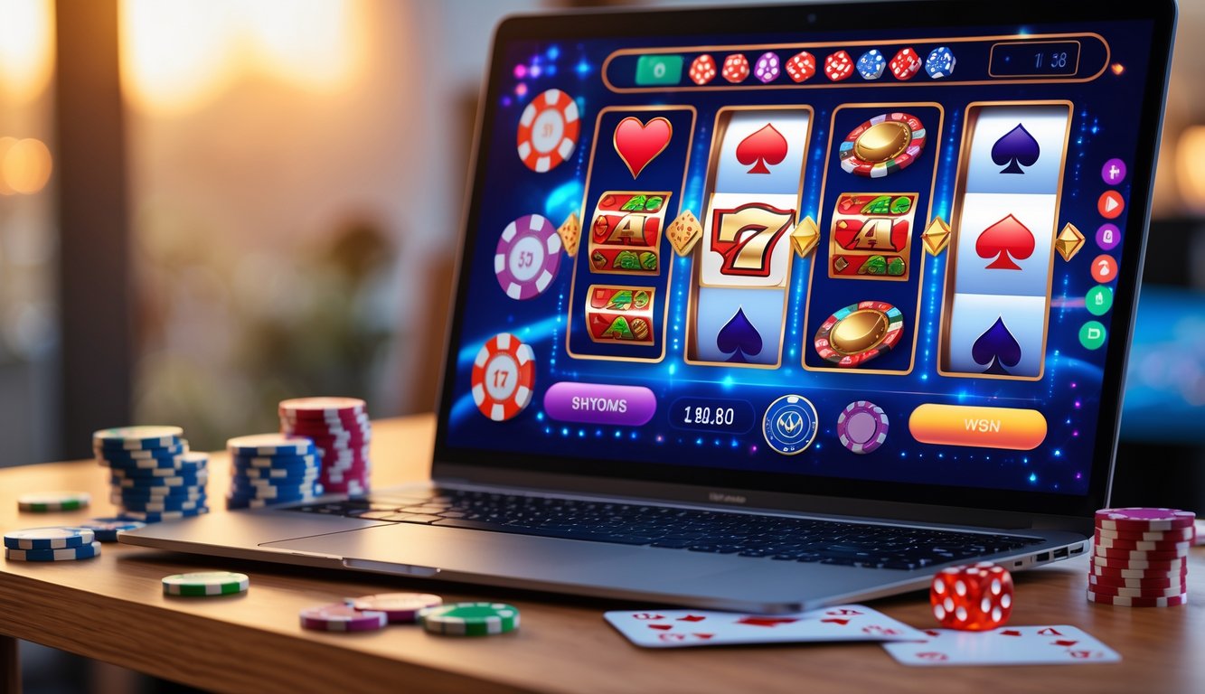 Sebuah meja dengan komputer yang menampilkan permainan kasino online, dikelilingi oleh chip poker, kartu remi, dan dadu.