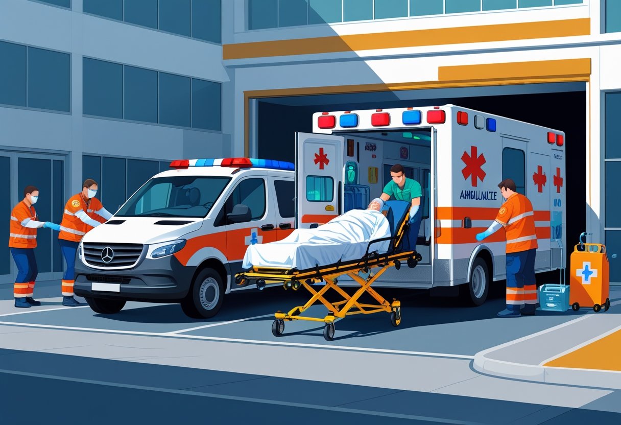 Paramédicos removendo pacientes em ambulância, com diferentes métodos como maca e cadeira de rodas, em frente a um hospital.