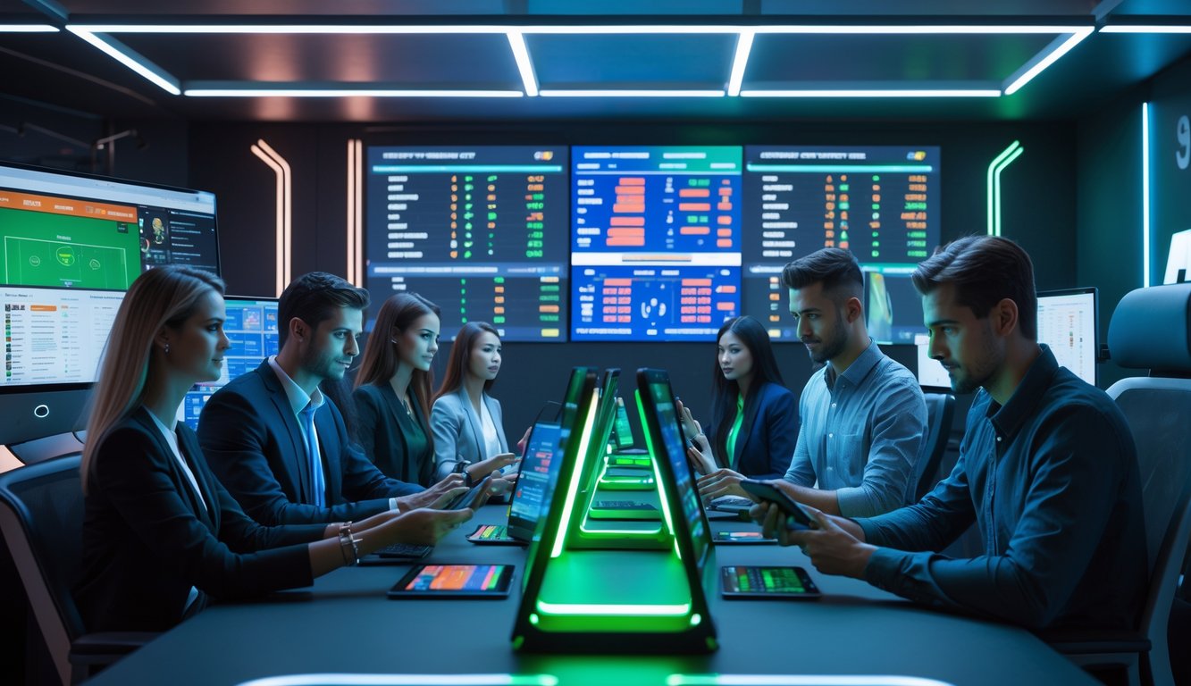 Orang-orang muda sedang menggunakan komputer dan perangkat digital di ruang kantor modern dengan layar menampilkan data taruhan olahraga.
