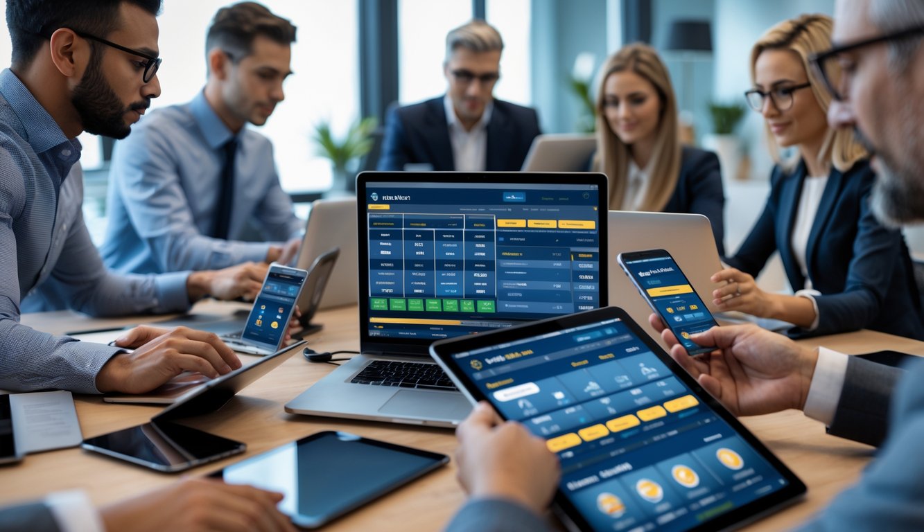 Orang-orang menggunakan perangkat digital untuk taruhan olahraga di lingkungan kantor yang modern dan terang.