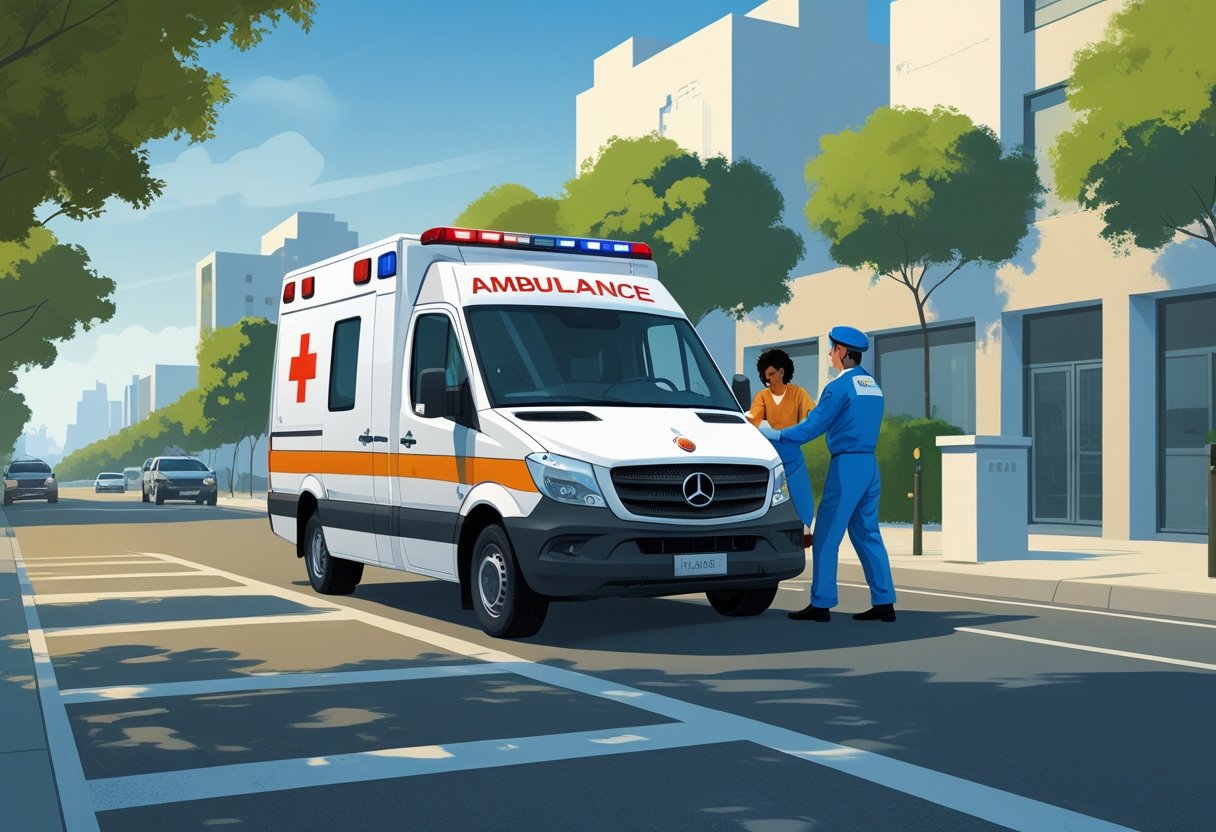 Uma ambulância brasileira estacionada na rua com um paramédico ajudando uma pessoa, em um ambiente urbano.