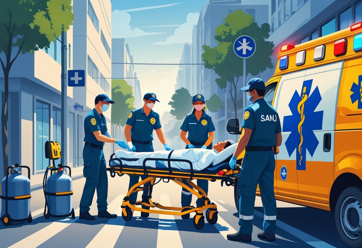 Equipe médica do SAMU atendendo um paciente em uma maca ao lado de uma ambulância com luzes de emergência acesas em uma rua da cidade.