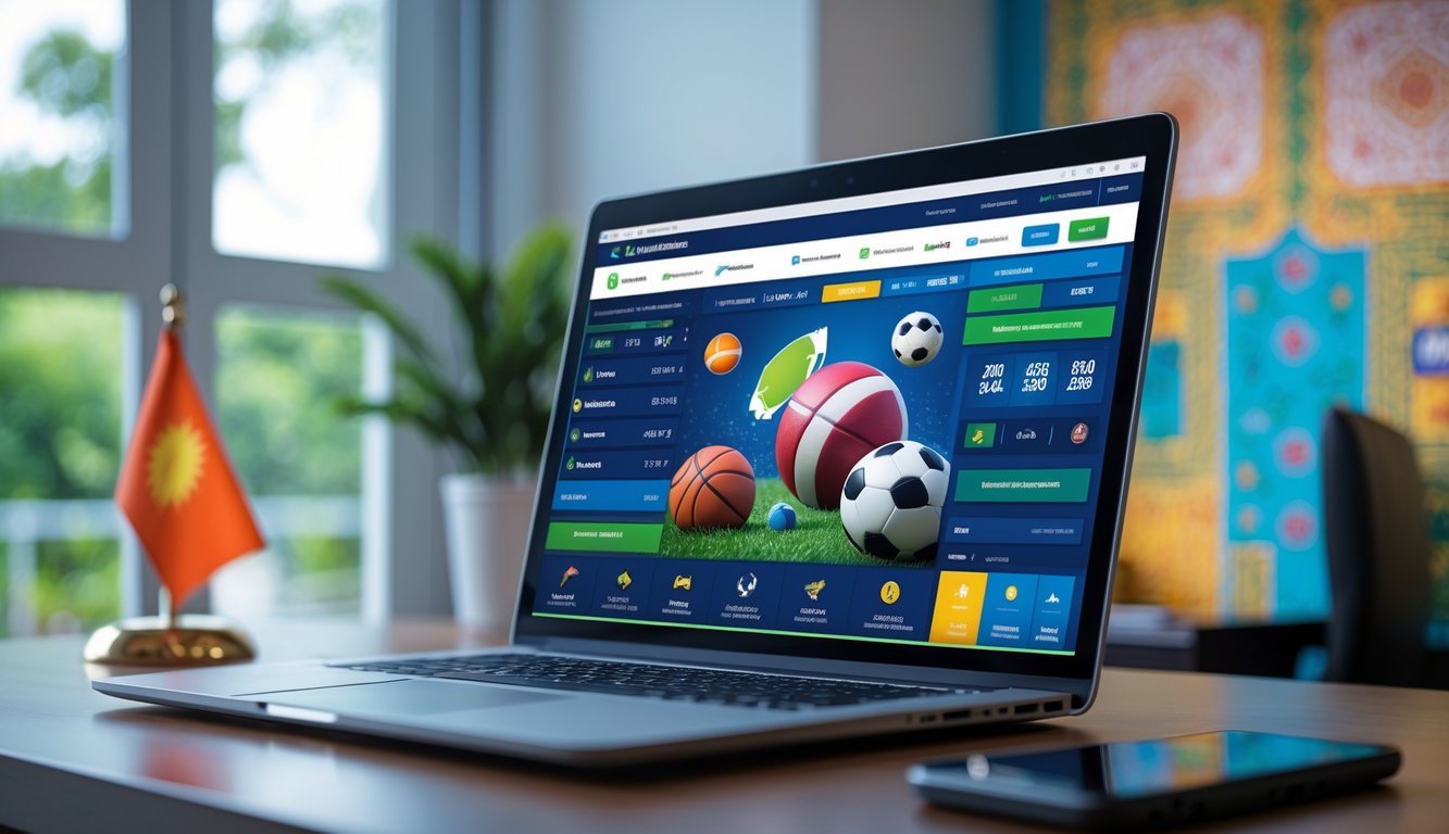 Seorang pria menggunakan laptop di ruang kerja yang terang dengan tampilan antarmuka taruhan olahraga online di layar, dengan elemen budaya Indonesia di latar belakang.