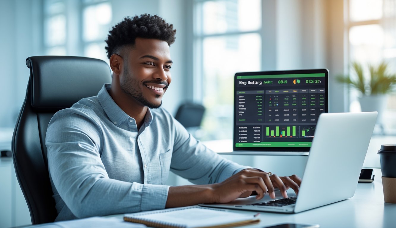 Seorang pria muda duduk di meja dengan laptop, tersenyum sambil melihat layar yang menampilkan statistik taruhan olahraga.