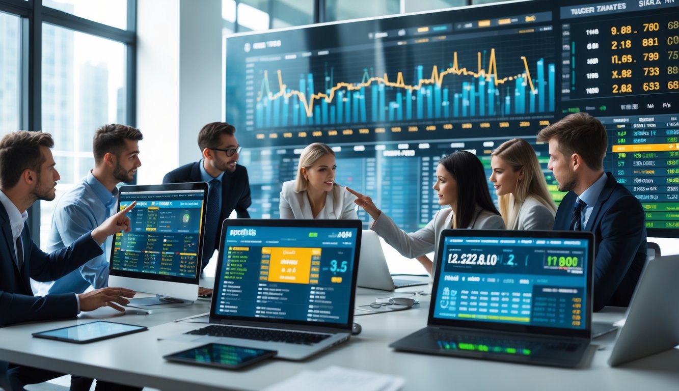 Sekelompok profesional muda sedang bekerja bersama di kantor dengan layar komputer menampilkan data dan statistik taruhan olahraga.