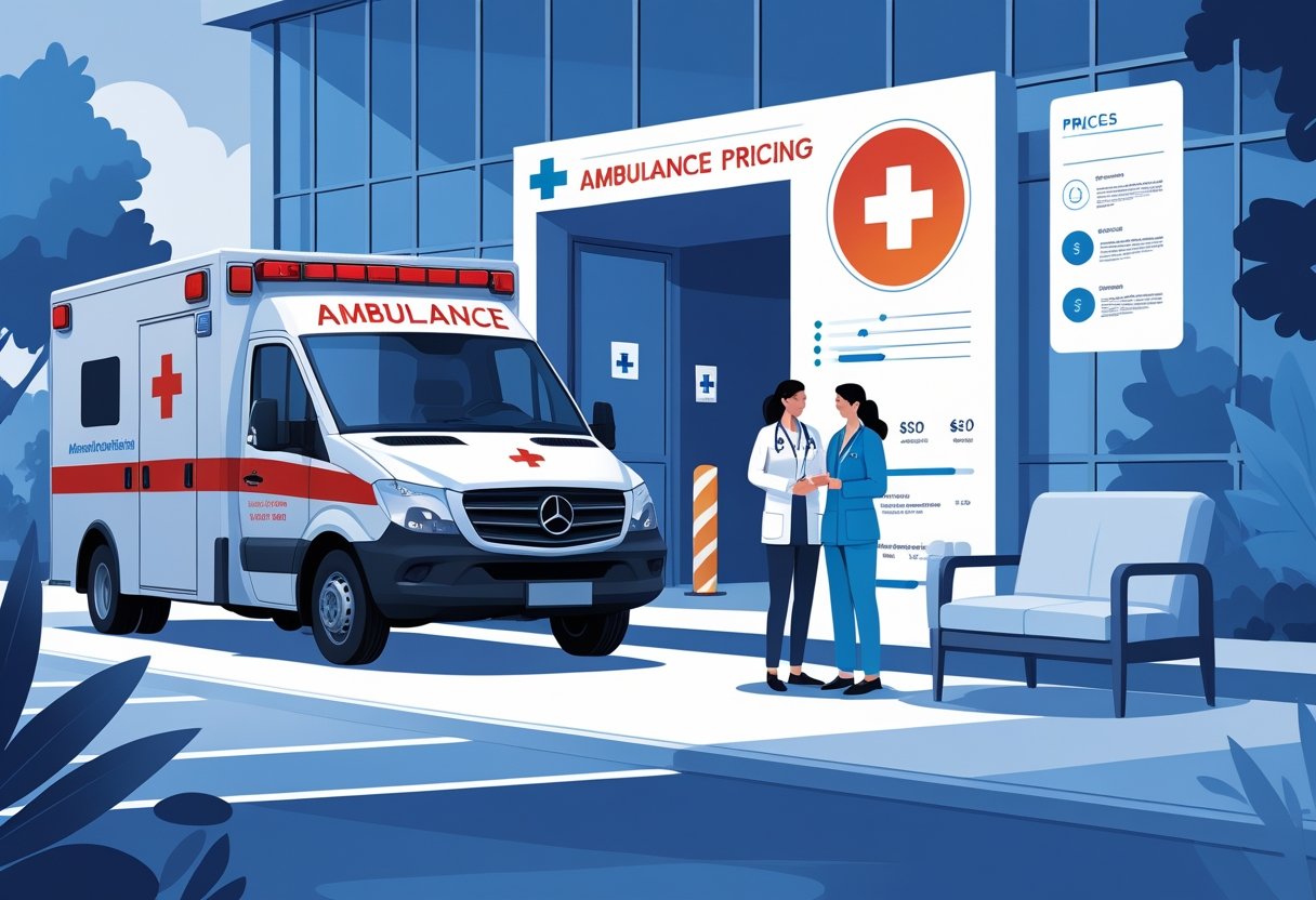 Ambulância estacionada em frente a um hospital com um profissional de saúde conversando com um paciente, representando o funcionamento e os fatores do preço de ambulância particular.