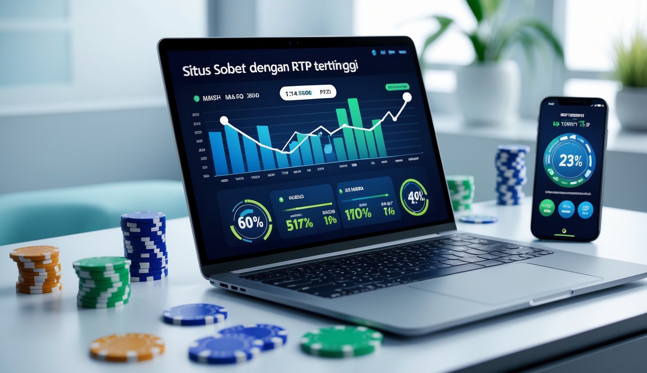 Suasana modern dengan komputer menampilkan antarmuka taruhan online dan elemen permainan seperti chip poker dan kartu, menggambarkan situs SBOBET dengan RTP tertinggi.