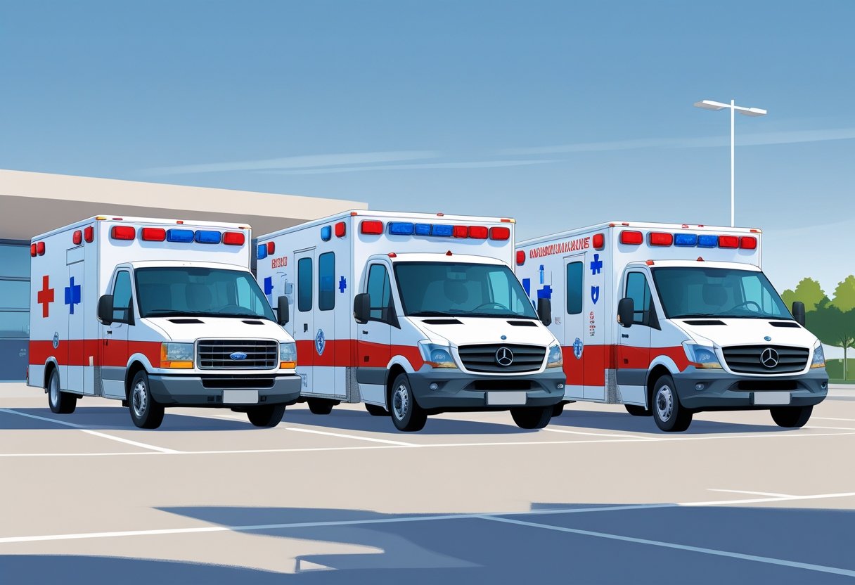Três tipos diferentes de ambulâncias alinhadas, mostrando os níveis de suporte médico progressivamente, em um ambiente hospitalar.