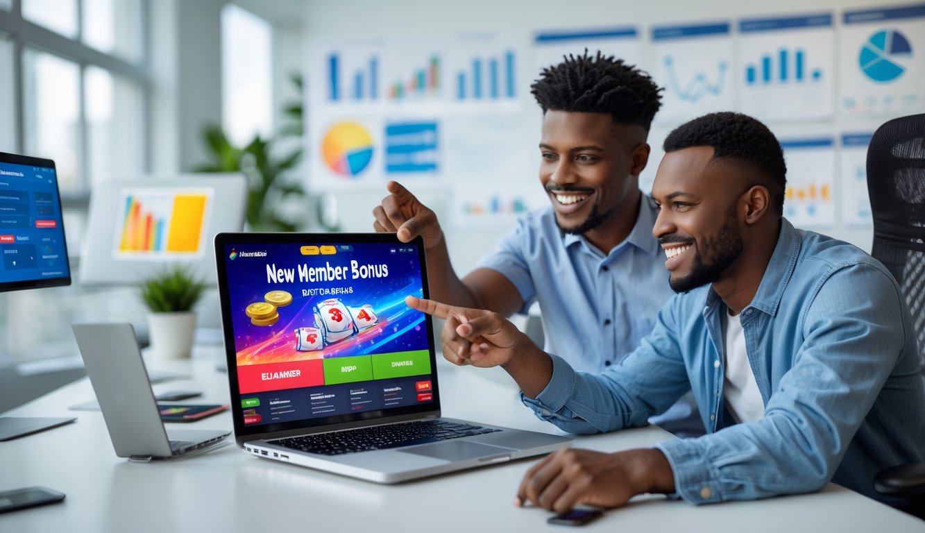 Seorang pria dan wanita muda duduk di meja kantor modern sambil melihat layar laptop dengan antarmuka situs taruhan online yang berwarna-warni, tersenyum dan menunjuk ke layar.