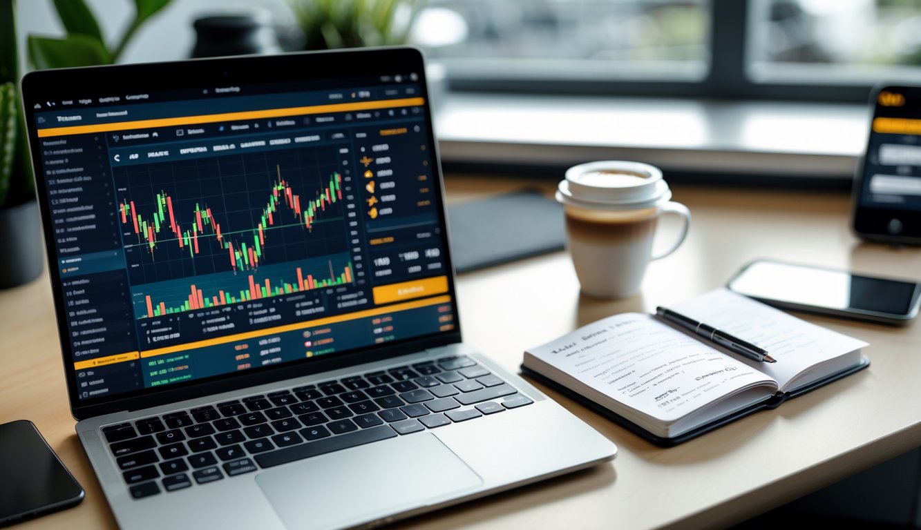 Meja kerja dengan laptop yang menampilkan situs taruhan olahraga, notebook dengan catatan, dan cangkir kopi.