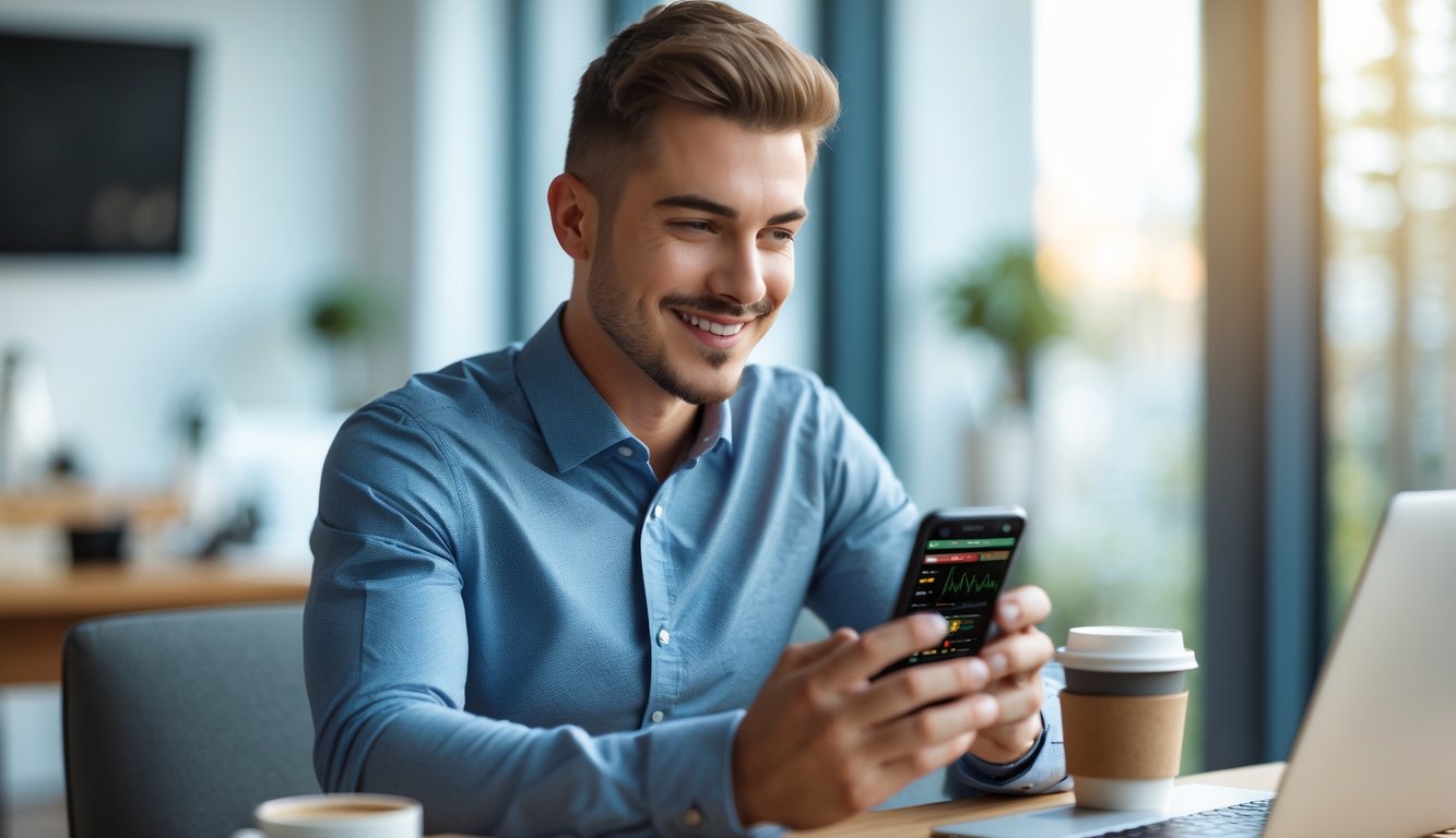 Seorang pria muda menggunakan ponsel di dalam ruangan yang terang, terlihat fokus dan tersenyum saat mengakses aplikasi taruhan olahraga.