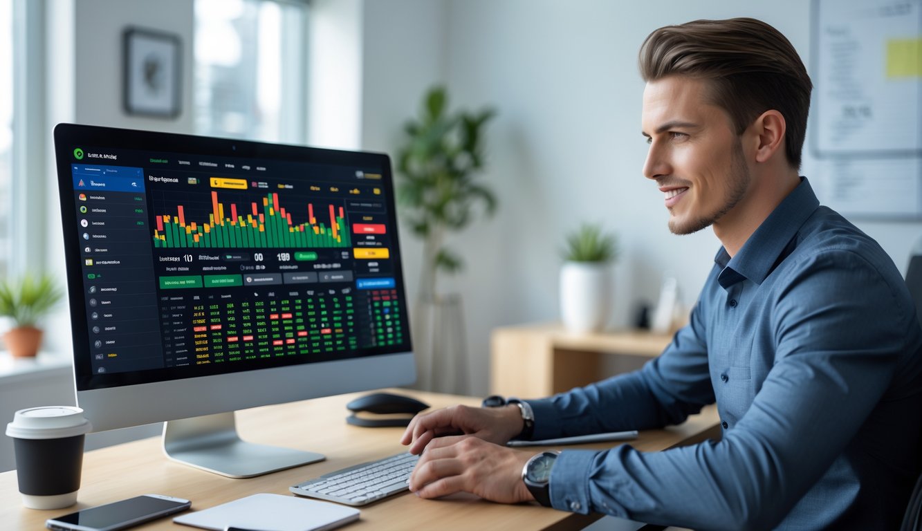 Seorang profesional muda sedang menggunakan komputer di kantor modern dengan tampilan antarmuka taruhan olahraga online di layar.