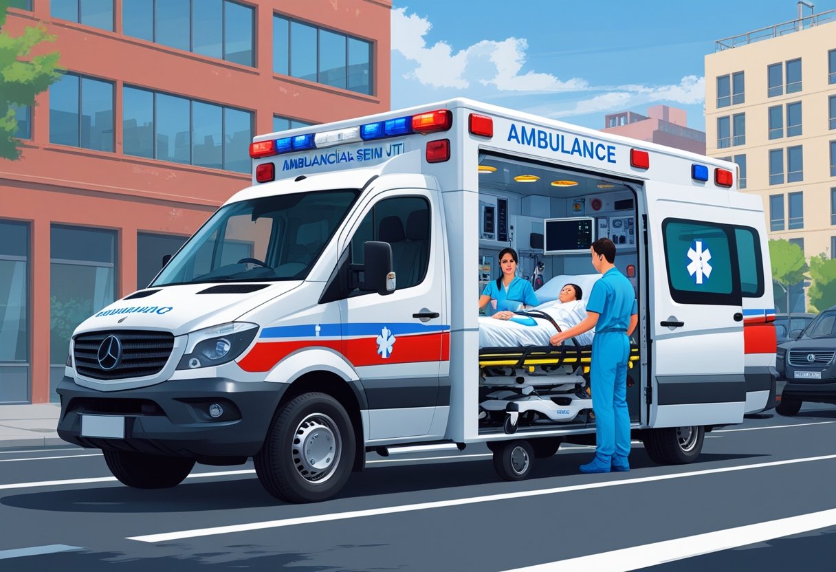 Uma ambulância Semi UTI estacionada com a porta lateral aberta, mostrando equipamentos médicos e profissionais cuidando de um paciente no interior.