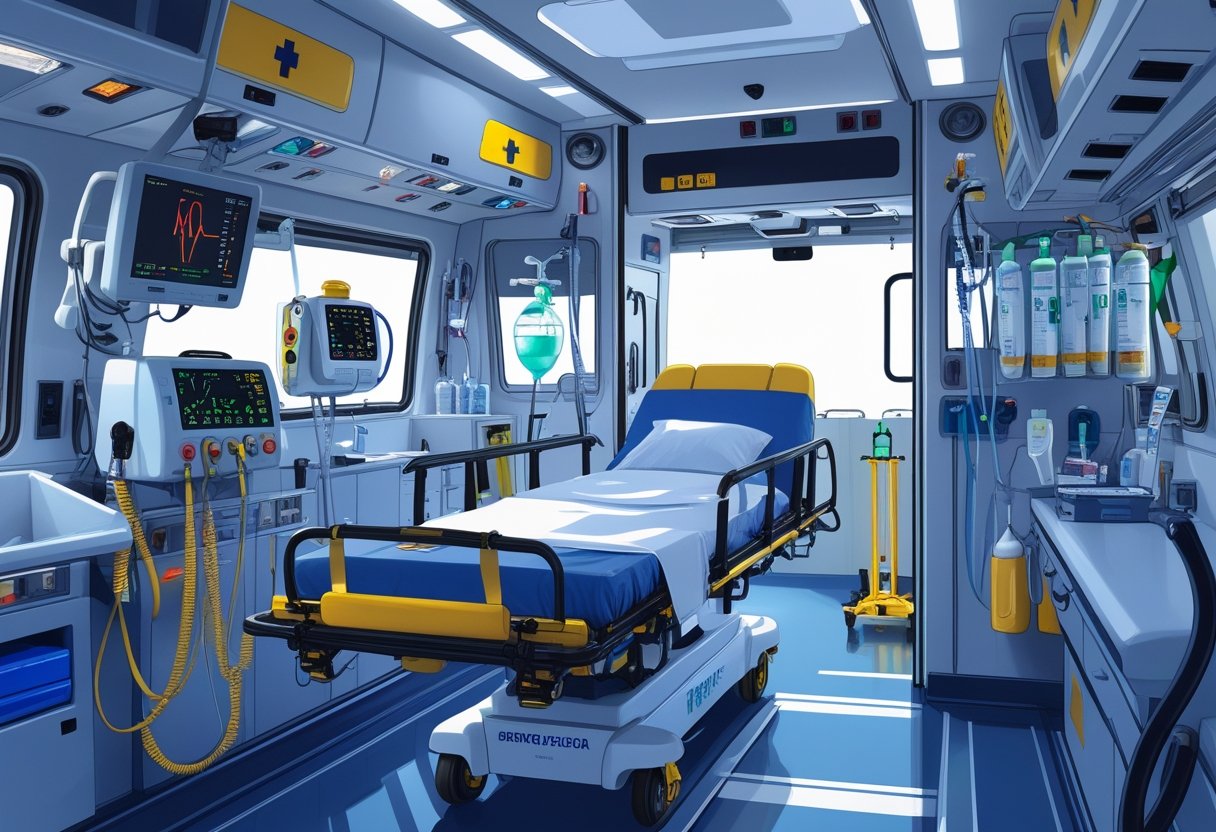 Interior de uma ambulância semi UTI mostrando os principais equipamentos médicos como monitor cardíaco, sistema de oxigênio, bomba de infusão, ventilador portátil e materiais de emergência organizados ao redor da maca.
