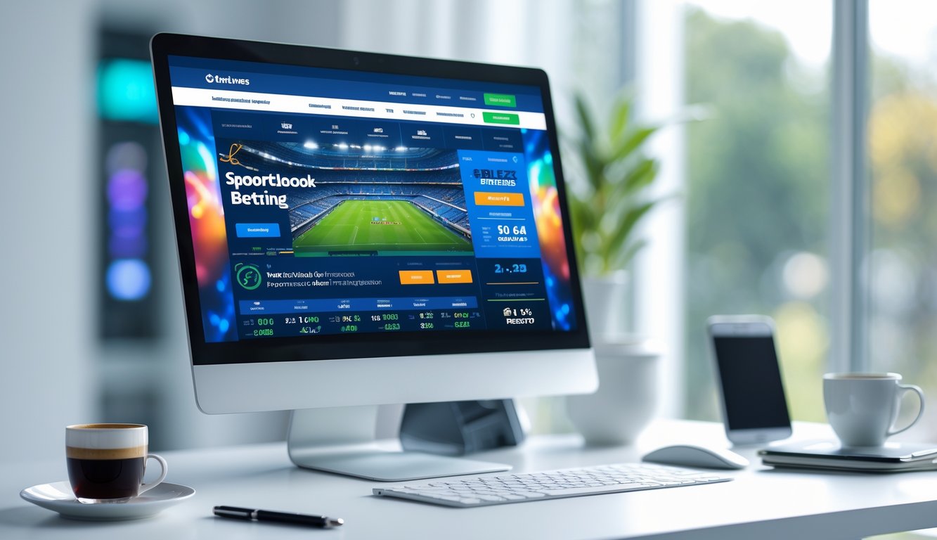 Seorang pengguna sedang melihat situs taruhan olahraga di layar komputer di meja kerja yang rapi.