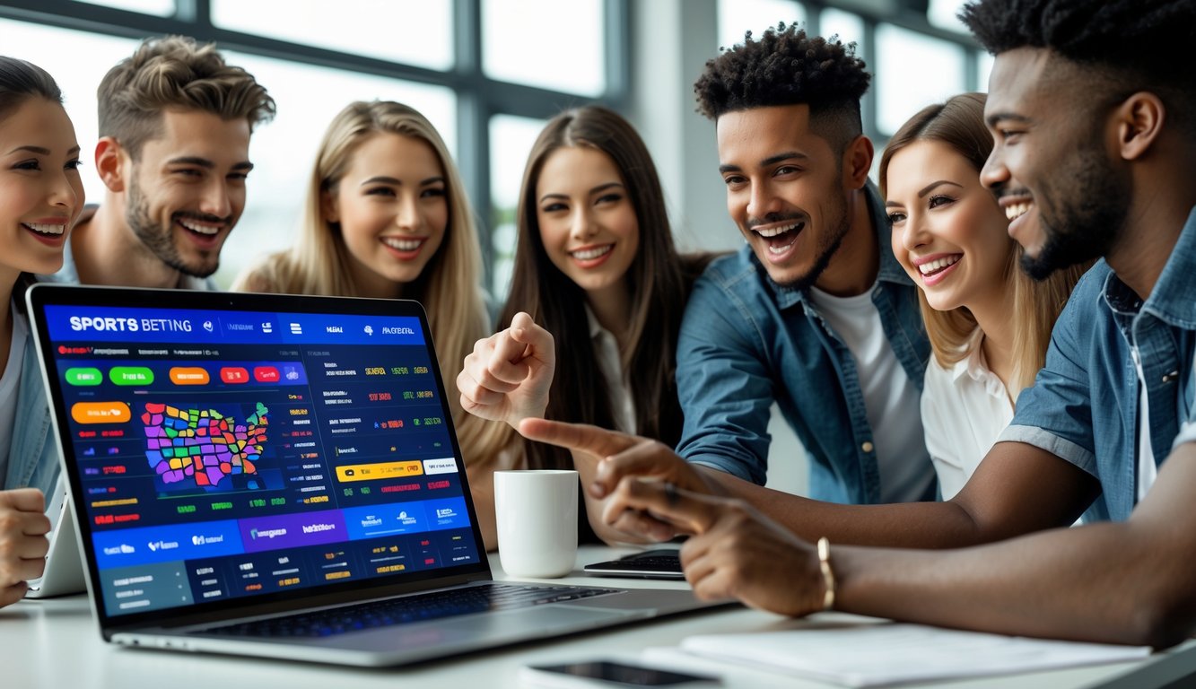 Sekelompok orang muda yang sedang melihat layar laptop dengan antusias di ruang kantor modern.